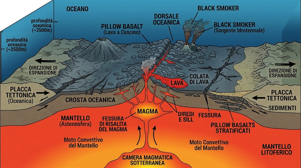 Sezione trasversale del vulcanismo sottomarino in una dorsale oceanica