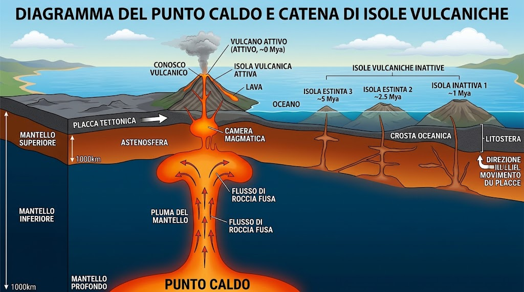 Sezione trasversale di un punto caldo vulcanico