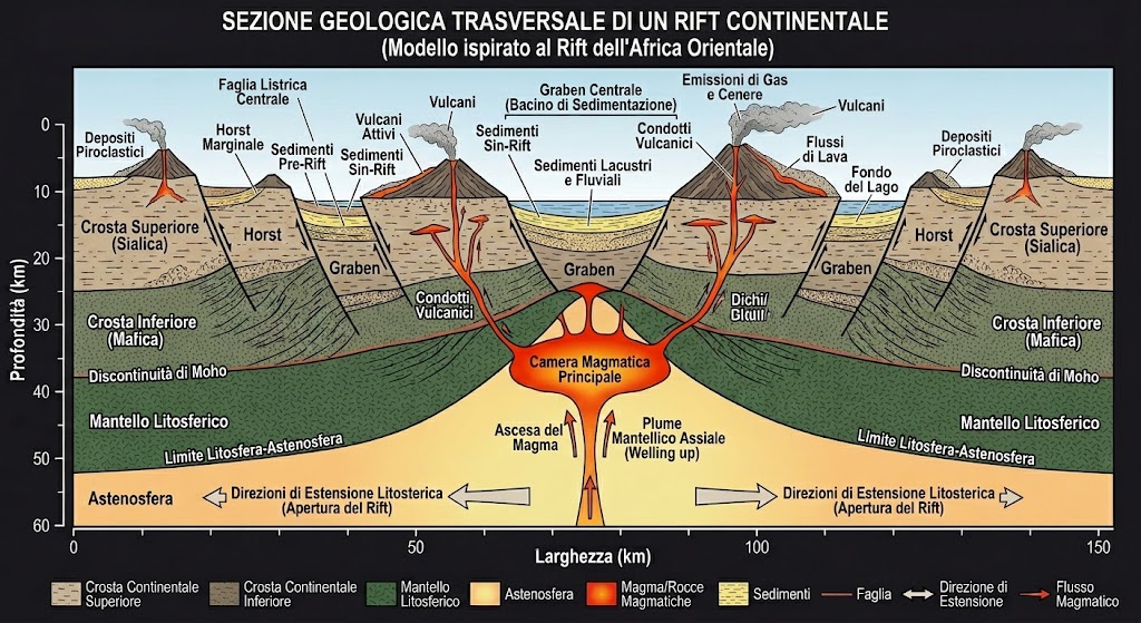 Sezione trasversale di una rift valley continentale